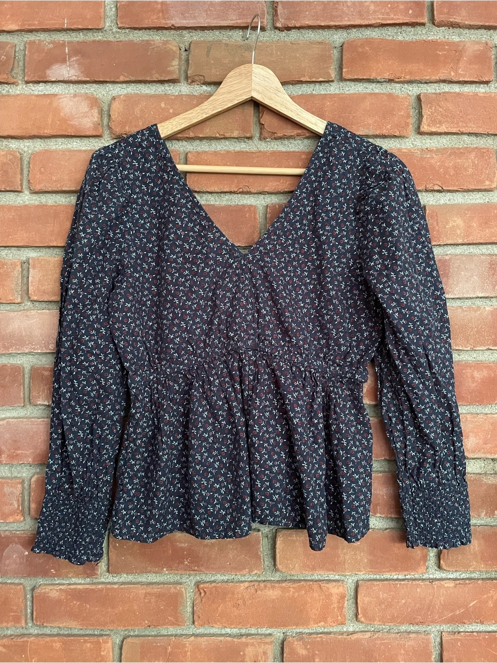 Madewell XS Navy Ditsy Floral Smocked Peplum Tie Back Blouse Cottagecore